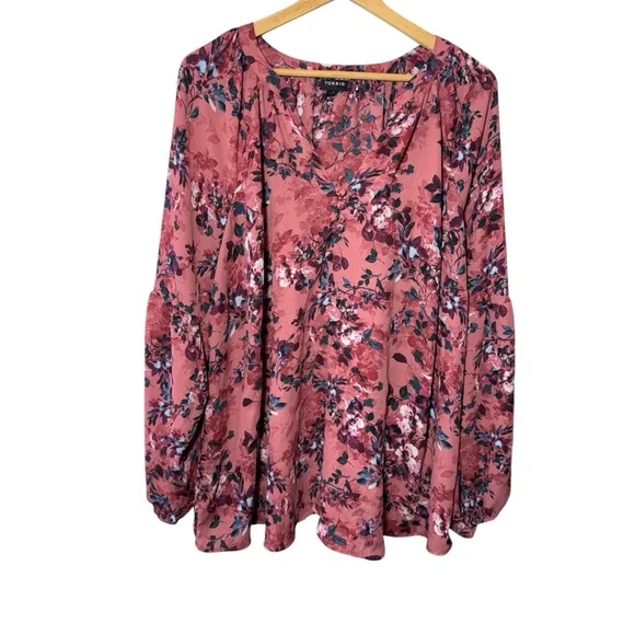 Torrid Georgette Floral Puff Sleeve Peasant Blouse 2X Pink - Picture 4 of 13